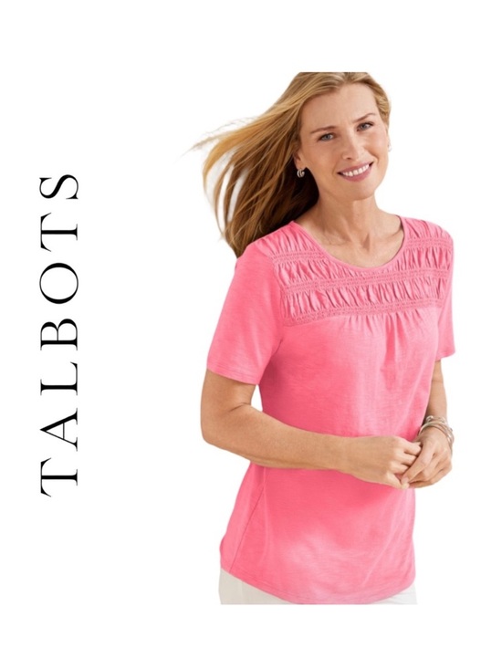 Talbots Tops - Talbots Petal Pink Smocked Yoke Short Sleeve Knit Top Women’s Large NWT